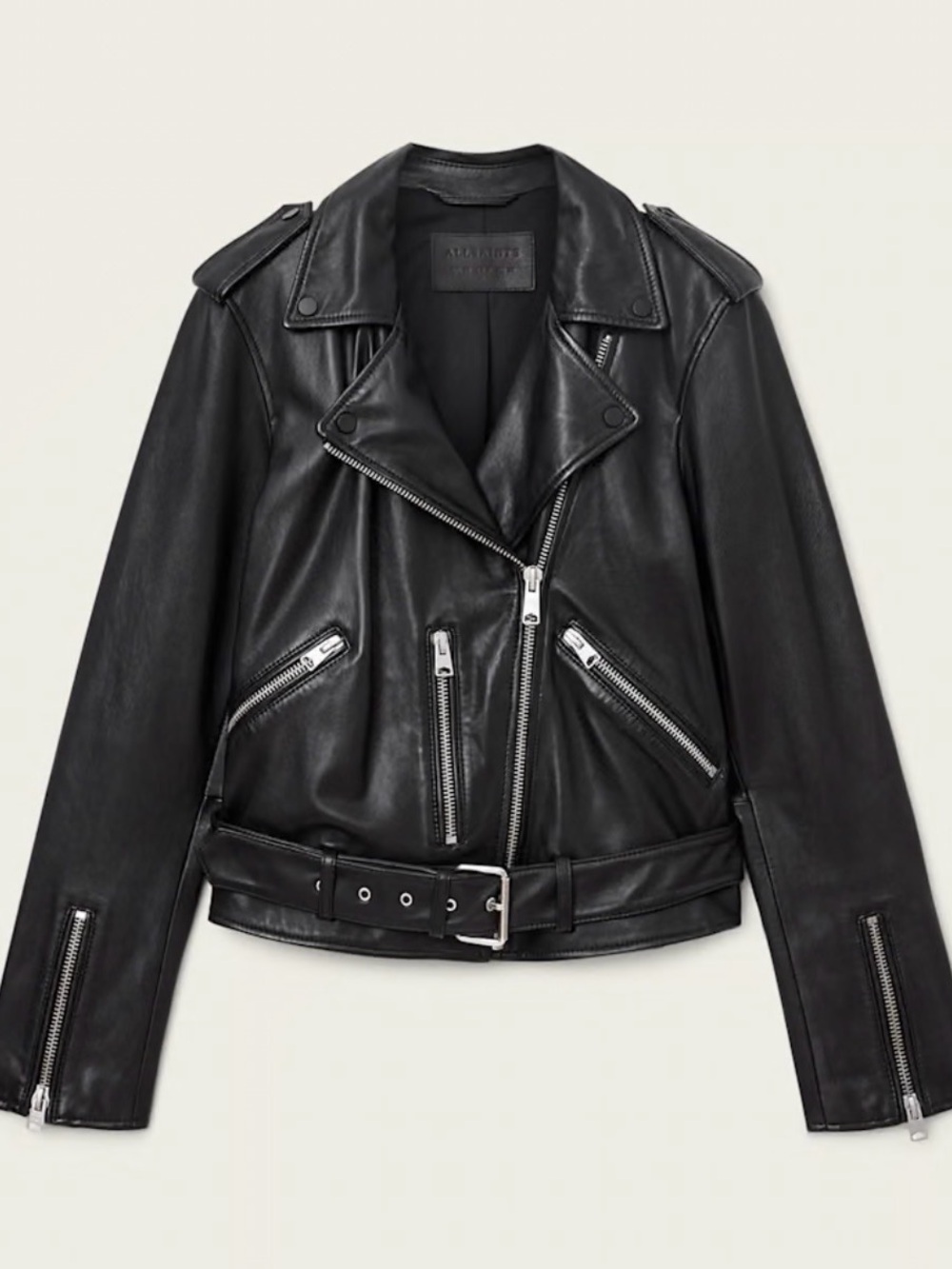 All Saints Black Leather Moto Jacket with Zip Details